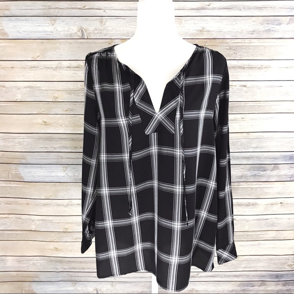 G.H. Bass & Co Plaid Tie Neck Popover Top